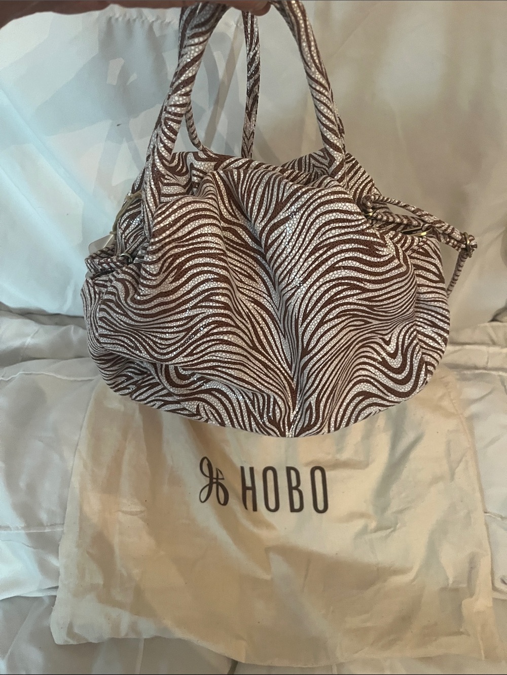 HOBO Brown and White Zebra-Print Hobo Tote